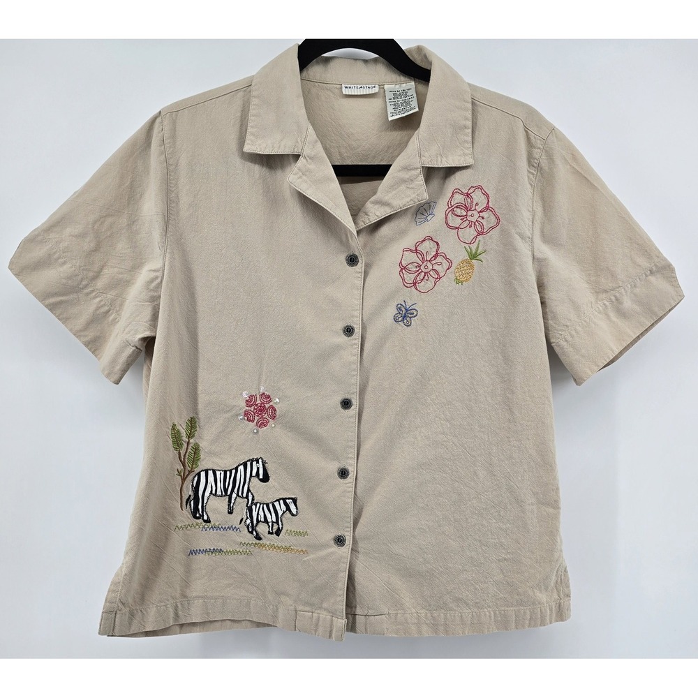 Vtg White Stag Button Up Shirt Womens M‎  Beige Embroidery Flower Zebra Boho Top